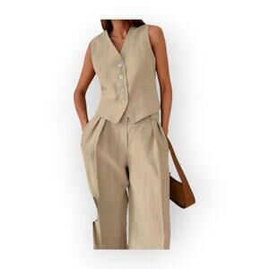 Commense Linen Blend Vest & Wide Leg Pants Set XL US 12 Neutral Parisian Chic